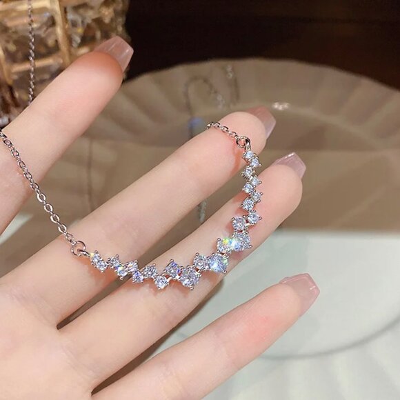 NEW Cluster Necklace 16” 14K White Gold Plated CZ Wedding Minimalist Dainty - Picture 9 of 16